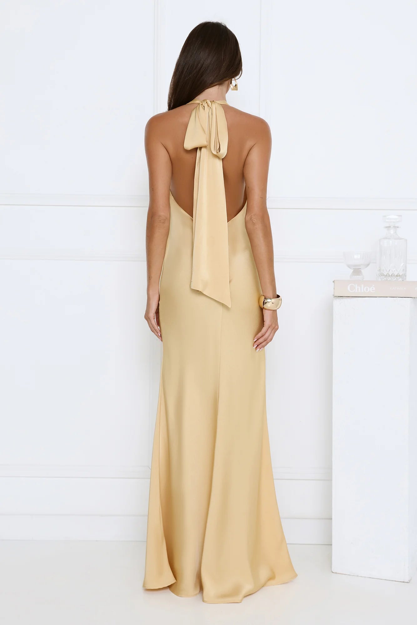 Glitz Gathering Halter Satin Maxi Dress Gold